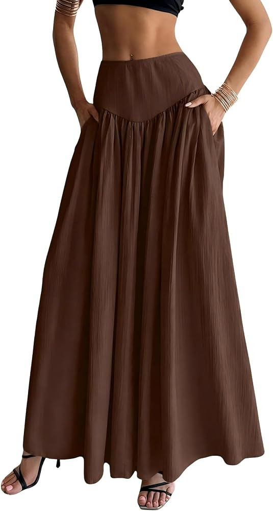 QJQ Women's Fall Boho Flowy Flared Ruffle Maxi Skirt High Waisted Long Flowy Pleated Skirts with ... | Amazon (US)
