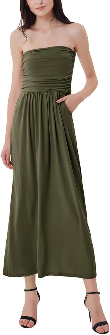 GRACE KARIN Women Strapless Casual Loose Ruched Long Maxi Dress with Pockets | Amazon (US)