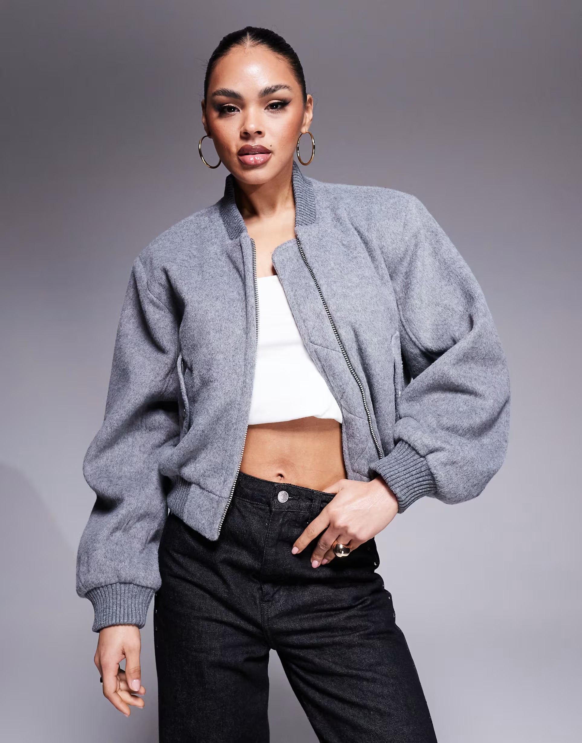 The Couture Club shoulder pad wool look bomber jacket in grey marl | ASOS (Global)