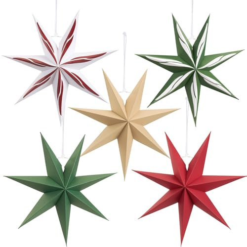 Paper Jazz 7-Point Paper Star Lanterns Christmas Decoration,Green and Red Christmas Hanging Ornament, Vintage Paper Star,5pcs Hanging Decor from Ceiling for Xmas,New Year,Birthday Party. | Amazon (US)