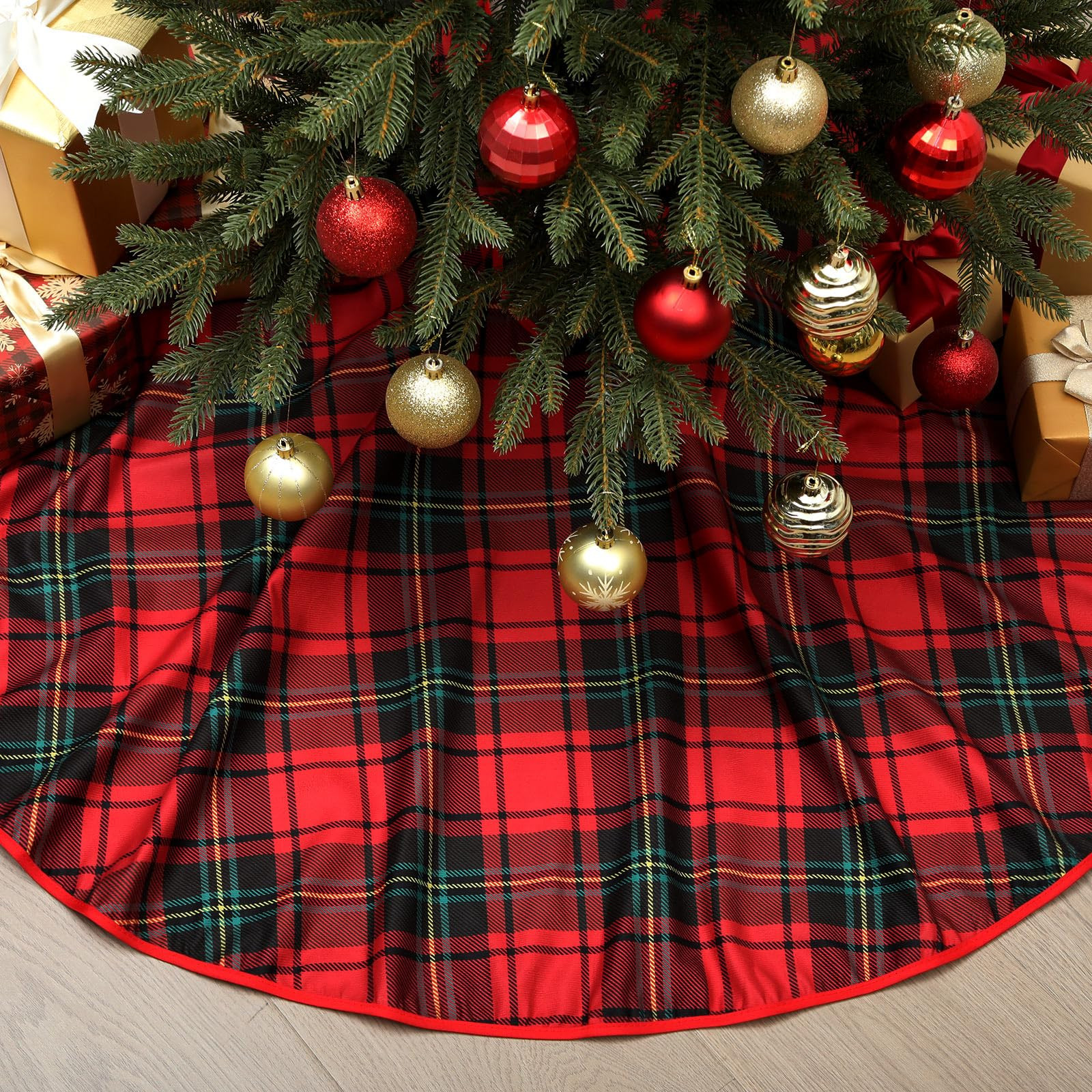 Poen 48 Inch Buffalo Plaid Christmas Tree Skirt Red Buffalo Plaid Check Tree Skirt Linen Edge Dec... | Amazon (US)