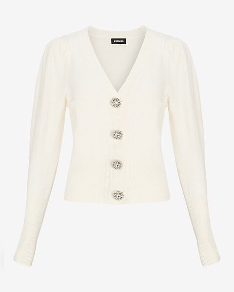 Jewel Embellished Faux Button Puff Sleeve Sweater | Express