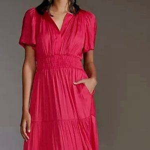 NWT Anthropologie Somerset Maxi Bright Pink Satiny Dress Sz M Pockets Flattering | Poshmark