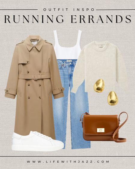 Outfit inspo: running errands for spring 

Trench coat / Cami / knit sweater / wide leg jean / light blue wash / gold earrings / sneakers / brown leather purse / J.Crew / Abercrombie / Madewell 

#LTKstyletip #LTKSeasonal