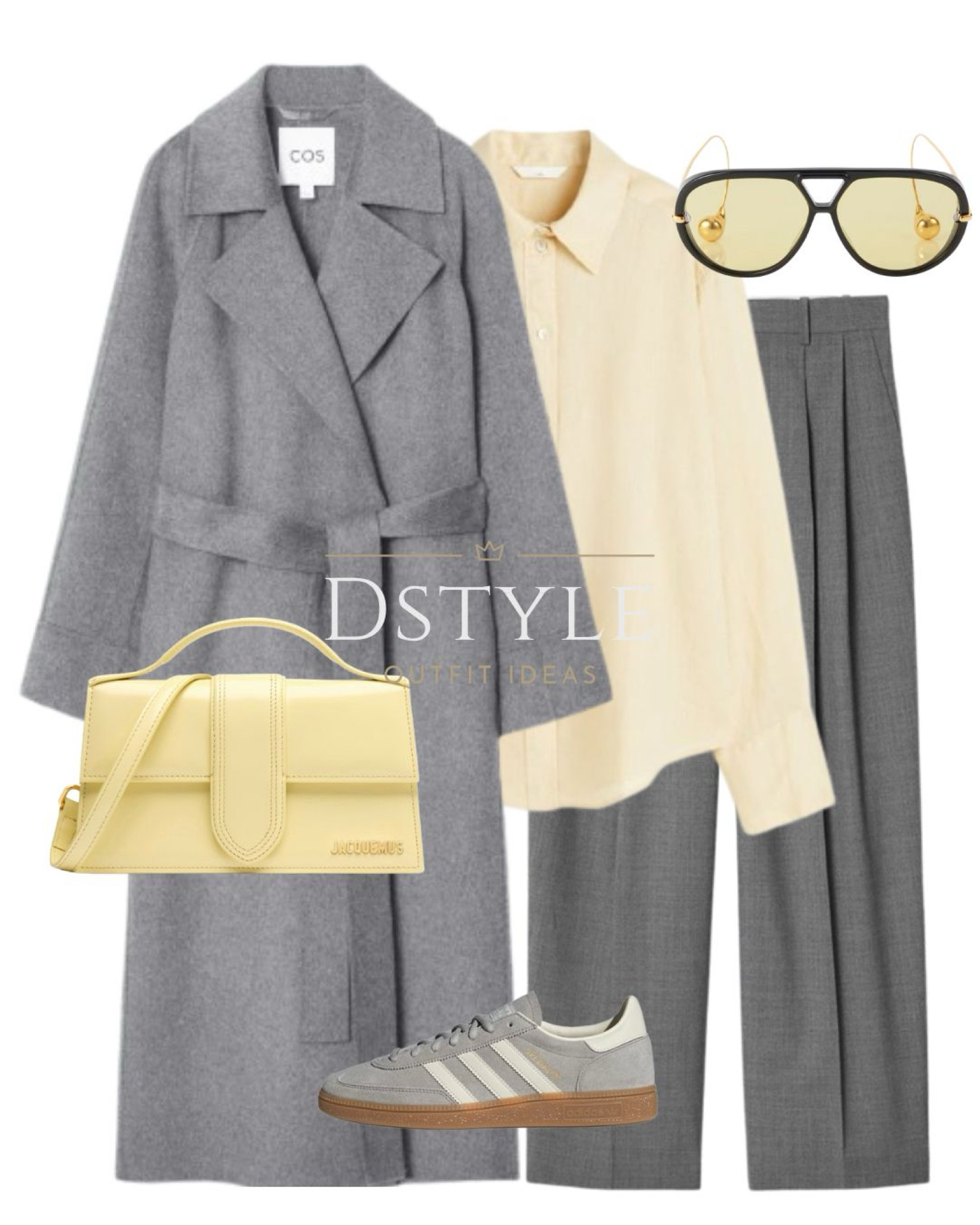 Grey belted wool coat, light yellow shirt, grey twill wide-leg trousers, yellow bag, grey suede Adidas Spezial sneakers 

 

#LTKSeasonal #LTKStyleTip #LTKWorkwear