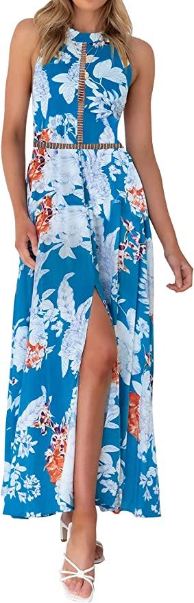 ZESICA Women's Halter Neck Floral Print Backless Split Beach Party Maxi Dress | Amazon (US)