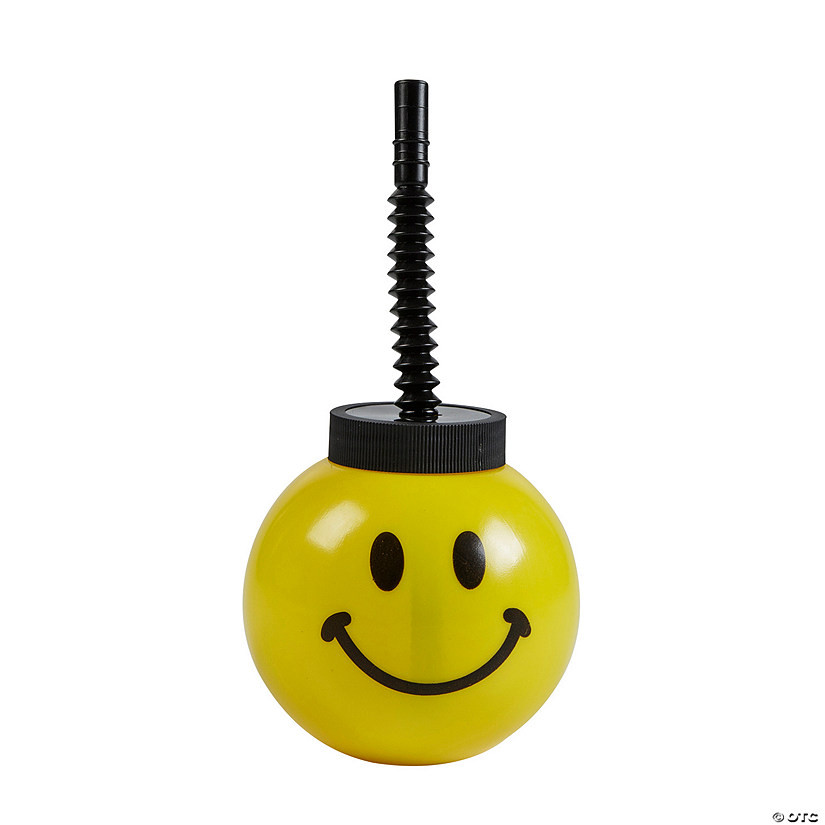 3 3/4" 14 oz. Yellow Smile Face Reusable Plastic Cups with Lids & Straws - 8 Ct. | Oriental Trading Company
