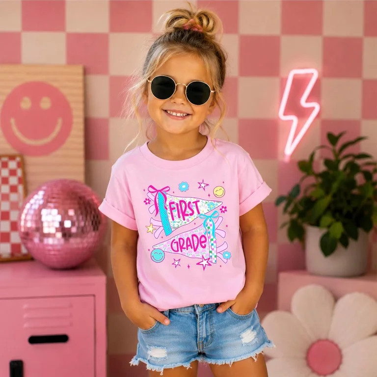 First Grade Shirt for Girls Trendy Floral Pennant Flag Back to School 1st Grade Girl Tee Pink Shi... | Walmart (US)