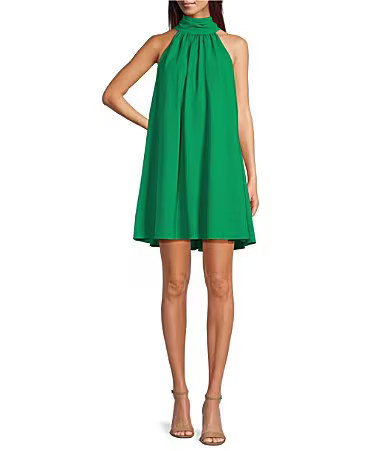 Belle by Badgley Mischka Elise Georgette Turtleneck Sleeveless Back Tie Waistless Trapeze Mini Dress - 4 | Dillard's