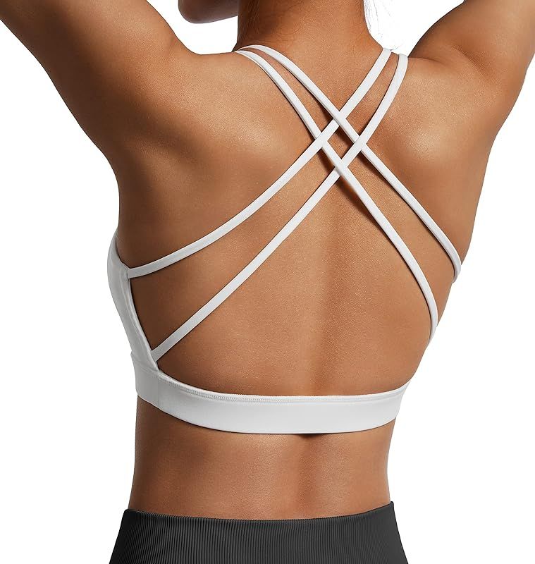 RXRXCOCO Womens Strappy Sports Bra Padded Criss Cross Back Sexy Workout Yoga Bra | Amazon (US)