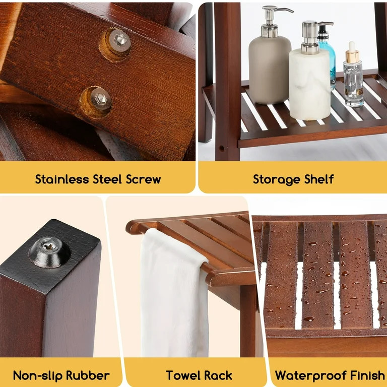 Teak Shower Bench for Inside 2-Tier Wood Shower Chair with Storage and Towel Rack Waterproof Show... | Walmart (US)