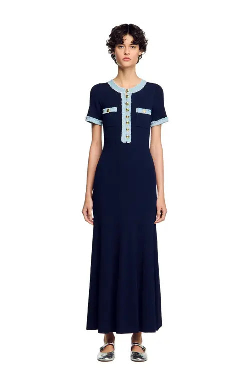 SANDRO Knit and denim midi dress in Navy Blue at Nordstrom, Size 36 Eu | Nordstrom
