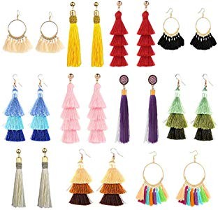 11 Pairs Tassel Earrings for Women Colorful Long Layered Thread Ball Dangle Earrings Yellow Red Fash | Amazon (US)