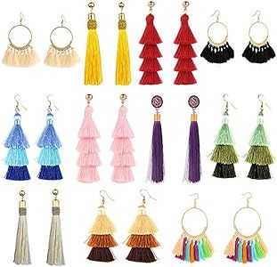 11 Pairs Tassel Earrings for Women Colorful Long Layered Thread Ball Dangle Earrings Yellow Red Fash | Amazon (US)