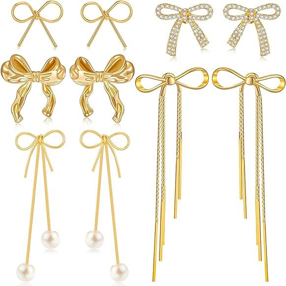 6 Pairs Gold Bow Earrings for Women Cute Ribbon Earrings Bow Stud Earrings Jewelry Christmas Gift... | Amazon (US)