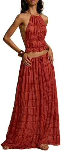 Two Piece Maxi Skirt Sets for Women Summer Backless Halter Beach Crop Top and Long Skirt Going Out Set 2 Piece Outfits A-red | Amazon (US)