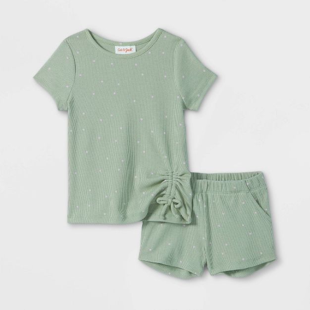 Toddler Girls' Dot Ribbed Cinched Short Sleeve Top and Shorts Set - Cat & Jack™ Olive | Target