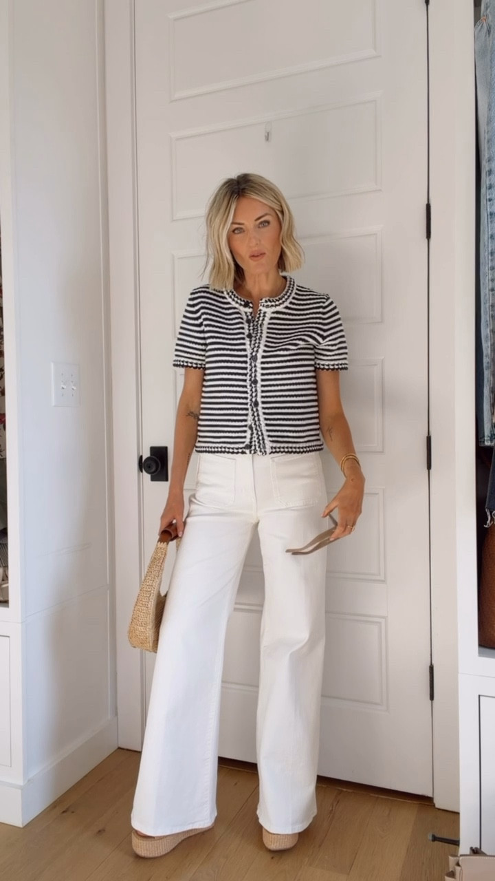 This is such a great base to dress up or down all season long! Wearing M/27.

Loverly Grey, J.crew, spring fashion, spring outfit ideas, spring workwear, striped cardigan, white jeans outfit, white denim outfit 

#LTKootd #LTKSeasonal #LTKWorkwear