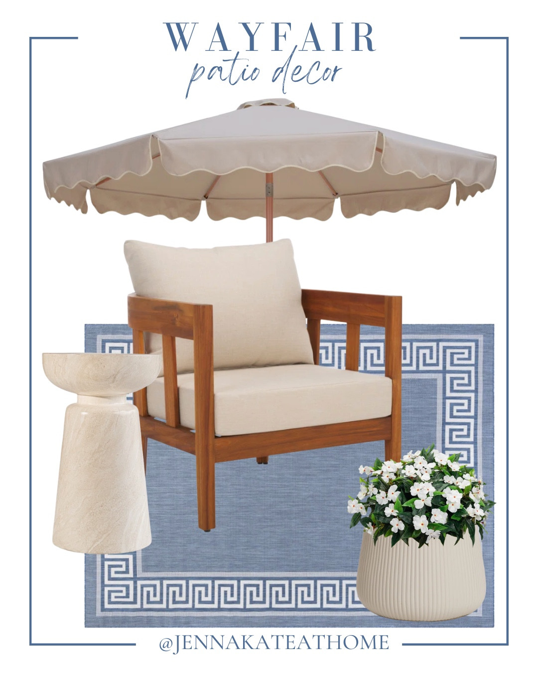 Wayfair patio must haves include planter, faux outdoor flowers, accent chair, side table, outdoor rug, umbrella.

Patio decor, outdoor decor, home decor, outdoor entertainment 

#LTKSeasonal #LTKHome #LTKSaleAlert