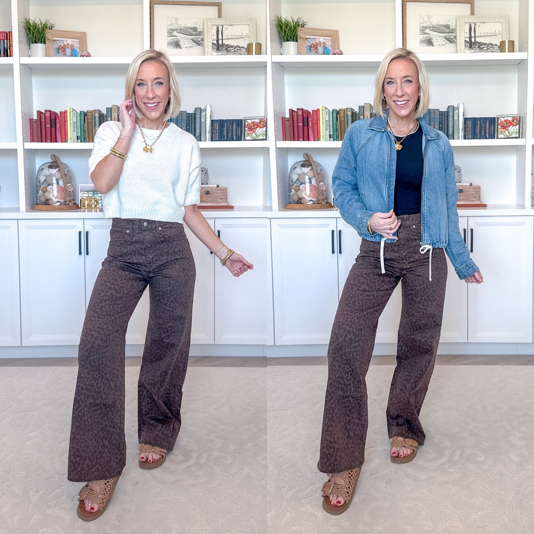 Leopard Jean - 1 pair - 6 easy outfits. 1. High Rise Leopard Print Wide-Leg Jeans - I’m wearing a size 25, regular length, but I want to order the size 25 (wasn’t in store) and in the short length. Currently 60% off PLUS an extra 10% off in cart! (now $32.40!). 2. Short sleeve sweater - size MEDIUM (I sized up one). 3. Black T-Shirt - size small. 4. Denim Bomber Jacket - size XS. $36. 

 

#LTKootd #LTKOver40 #LTKSaleAlert