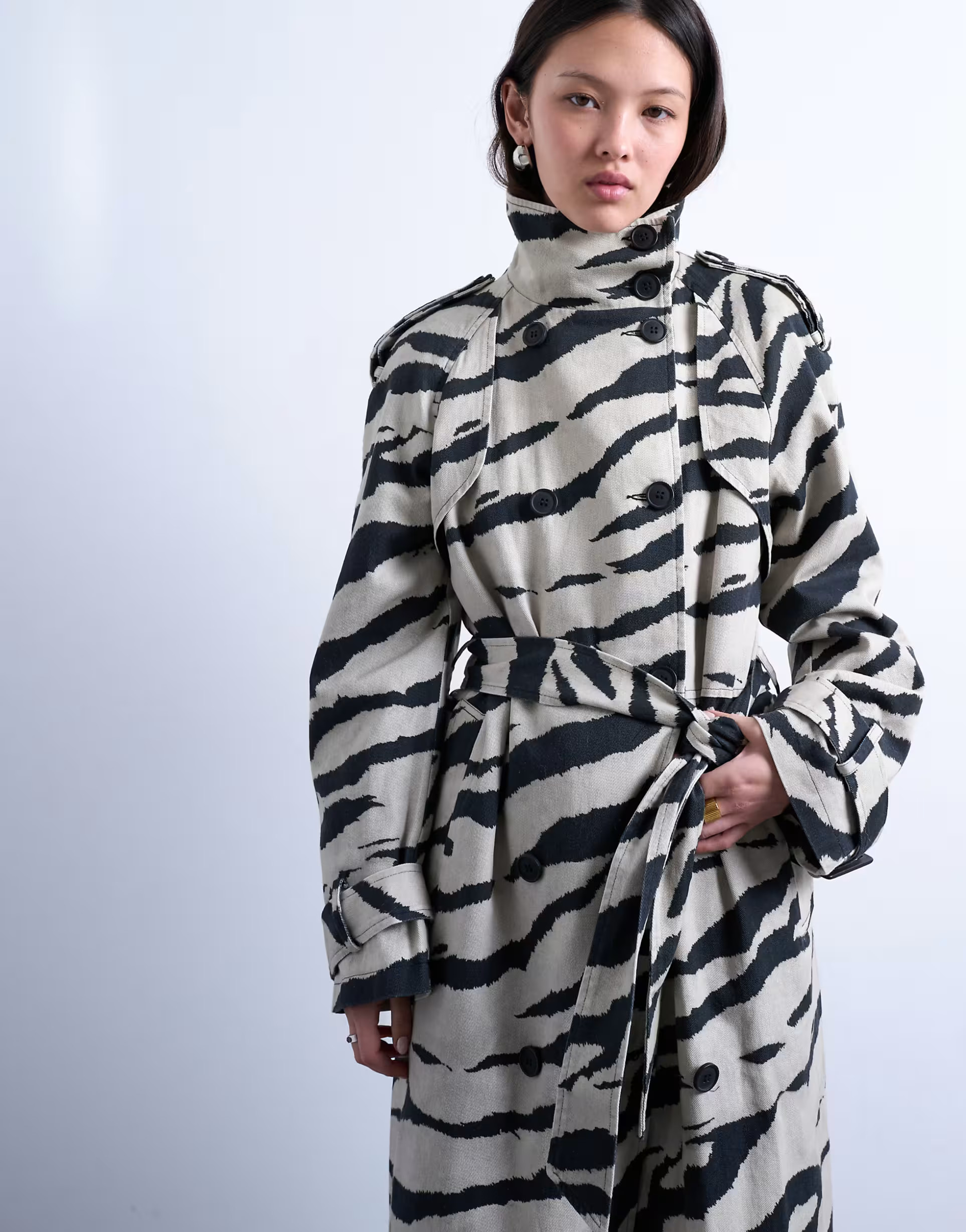 Topshop zebra print funnel neck trench coat in black | ASOS | ASOS (Global)