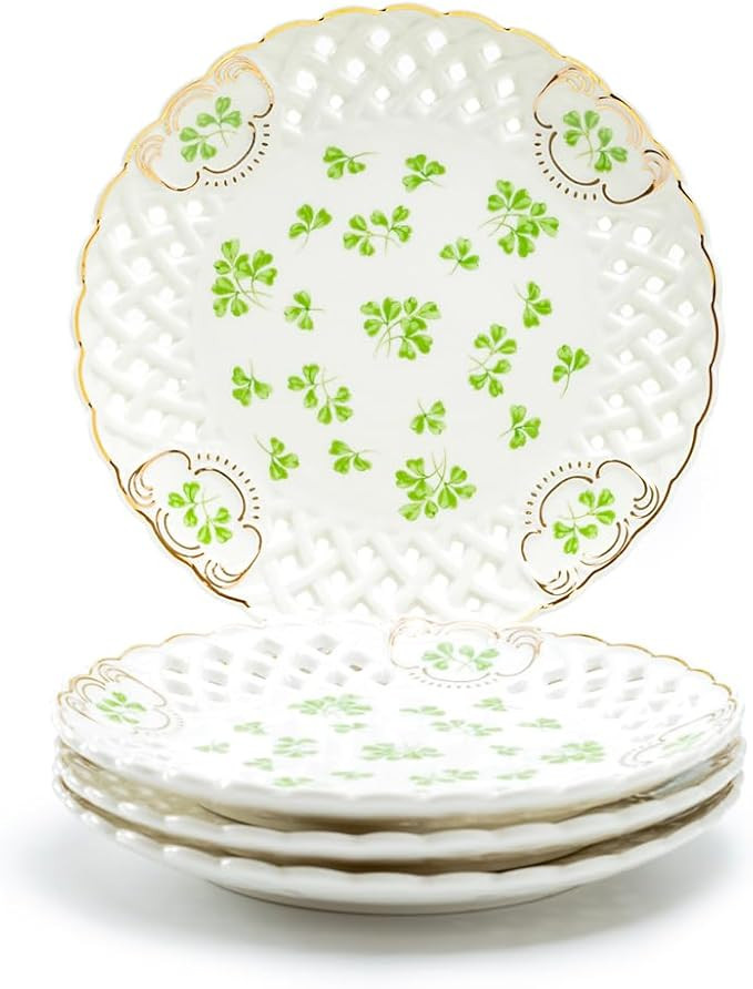 Grace Teaware Set of Four 7.5"" Shamrock Fine Porcelain Dessert Salad Plates with Pierced Design | Amazon (US)