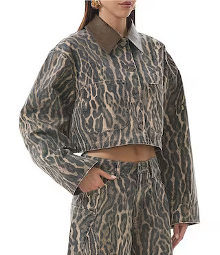 Wrenley Leopard Print Canvas Contrast Point Collar Long Sleeve Oversize Boxy Crop Jacket | Dillard's