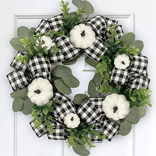 Fall Decor for Home - Fall Wreaths for Front Door - 16 inch White Buffalo Plaid Check Autumn Pump... | Amazon (US)