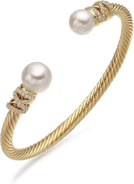 14K Gold Plated Twisted Cable Wire Bracelets Adjustable Open Cuff Bangle Bracelet Shiny CZ Zircon... | Amazon (US)