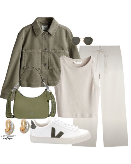 Short twill jacket, drawstring wide leg trousers, beige vest top, Coach hobo bag, Veja Campo trainers, Ray ban sunglasses & two tone earrings.
Khaki outfit, spring outfit, casual outfit, high street style. #springoutfit #casualoutfit

#LTKstyletip #LTKeurope #LTKSeasonal