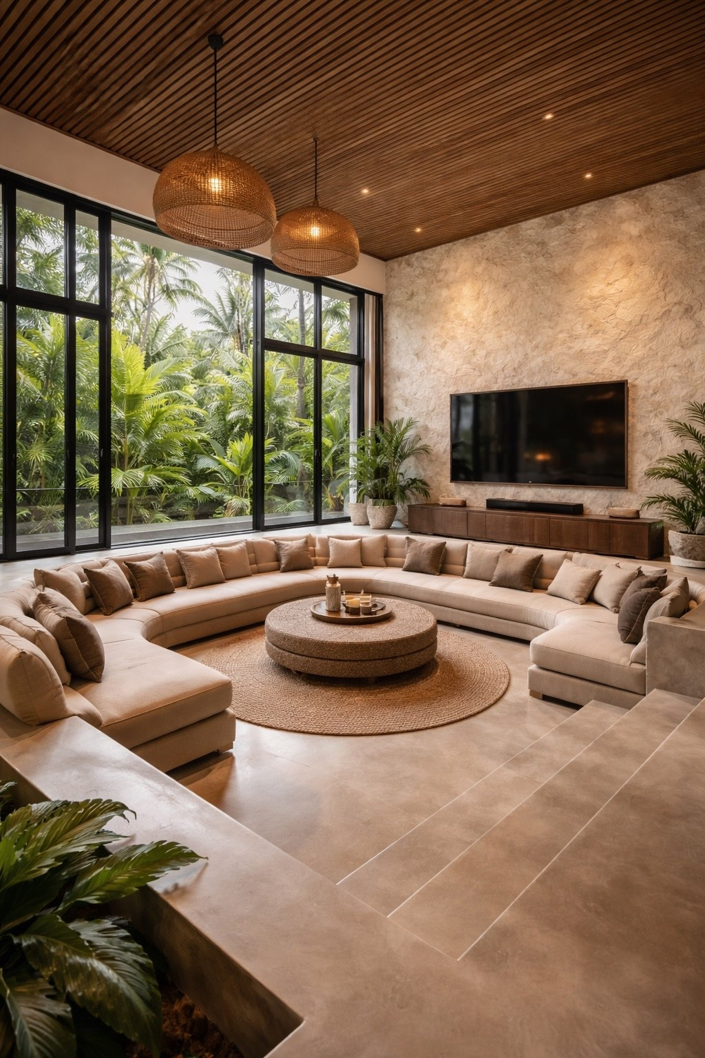 This modern Bali-inspired living room features a cozy sunken lounge sofa, warm wood ceiling, floor-to-ceiling windows and lush tropical views. Neutral beige tones, natural textures and organic shapes create a relaxing luxury villa atmosphere perfect for contemporary homes. A round coffee table and minimalist decor complete this elegant modern organic interior design.

#modernlivingroom
#balistylehome
#sunkenlivingroom
#organicmodern
#luxurylivingroom
#minimalistinterior
#moderninteriordesign
#neutralhome
#luxuryhomeinspo
#livingroomdesign
#interiordesignideas
#tropicalmodern
#beigeinterior
#modernvilla
#homedecorinspo