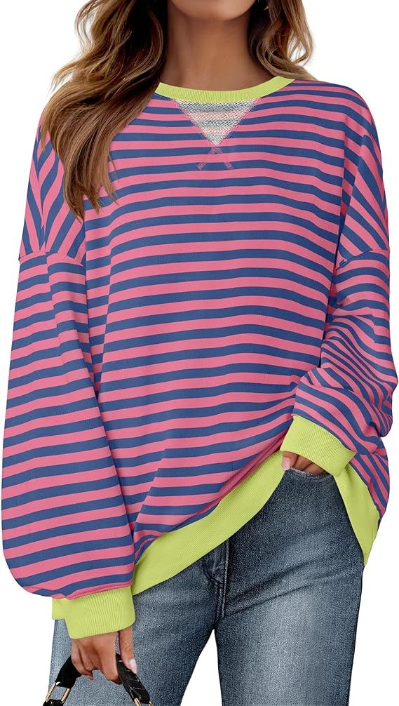 ZESICA Womens Casual Striped Pullover Tops Long Sleeve Shirts Crewneck Oversized Sweatshirts 2024... | Amazon (US)