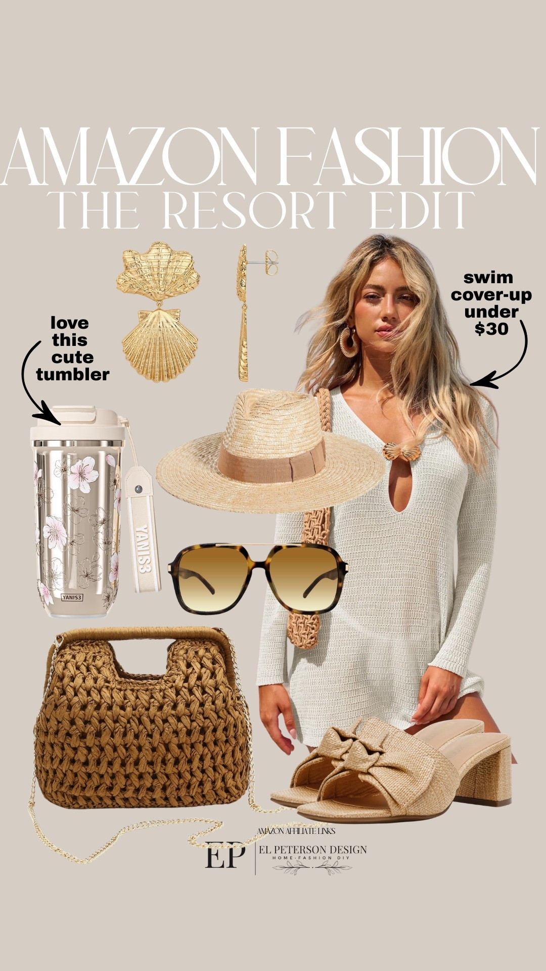 Amazon
Swim cover up
Straw hat
Purse
Tumbler
Sandals
Earrings
Sunglasses 