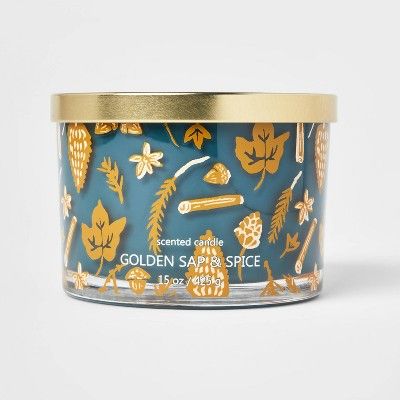 15oz Lidded Glass Jar Leaf and Spice Print 3-Wick Golden Sap and Spice Candle - Opalhouse&#8482; | Target