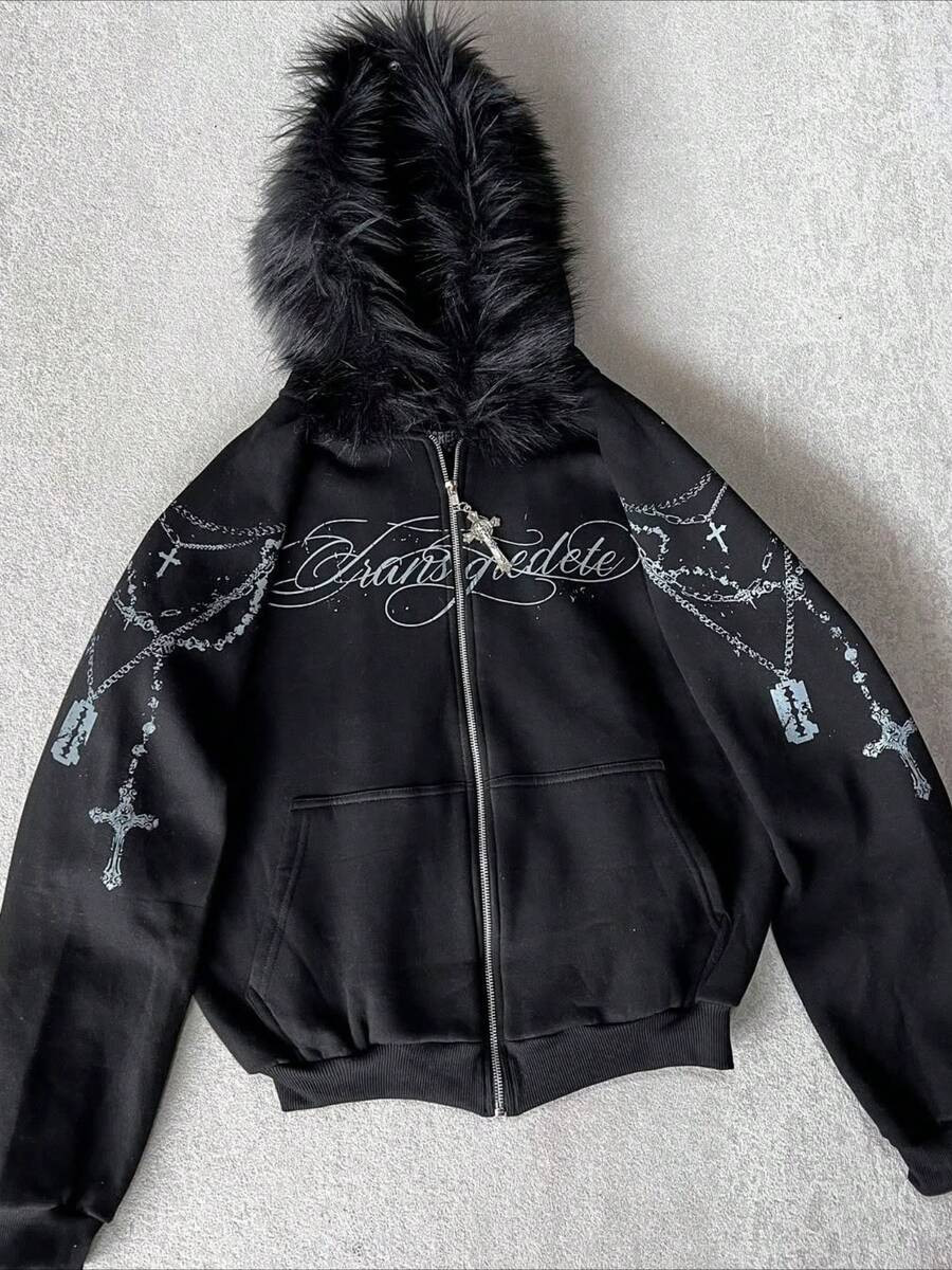 Gridborn Unisex Hooded Sweatshirt Detachable Faux Fur Hoodie Alphabet Print Mid-Length Loose Fit ... | SHEIN