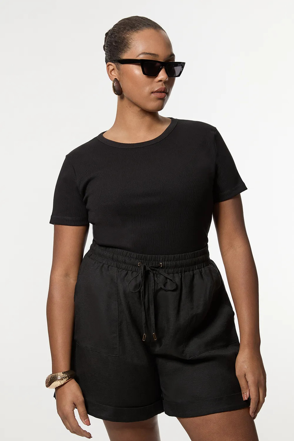 Plus Size Viscose Linen Tie Waist Woven Short | Karen Millen US