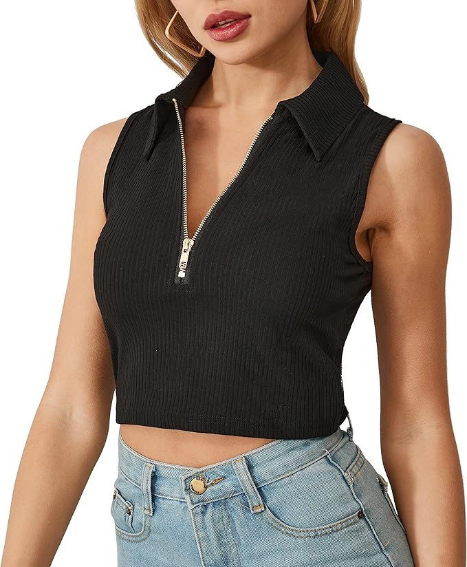 Women Lapel Collar Zipper Sleeveless Ribbed Knit Tank Top Solid Basic Stretchy Tan Crop Top | Amazon (US)
