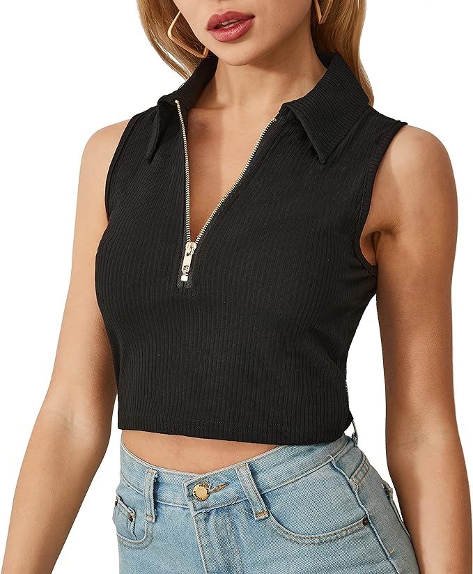 Women Lapel Collar Zipper Sleeveless Ribbed Knit Tank Top Solid Basic Stretchy Tan Crop Top | Amazon (US)