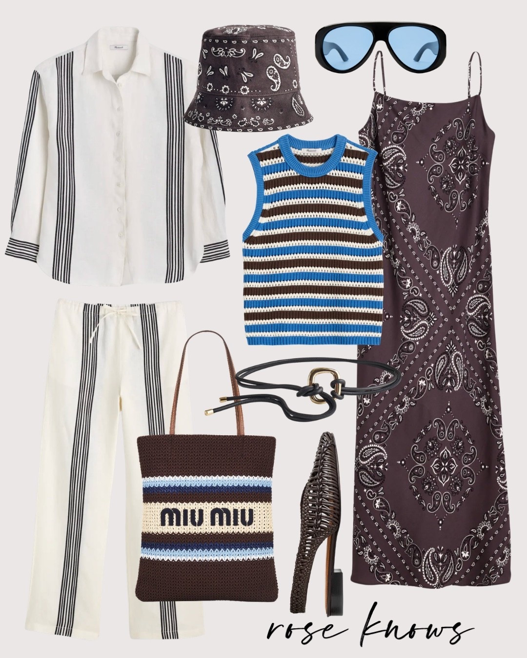 Paisley bandana pattern dress 
Stripe sweater vest, linen stripe shirt and pull on pant 


#LTKMothersDay #LTKWorkwear #LTKTravel