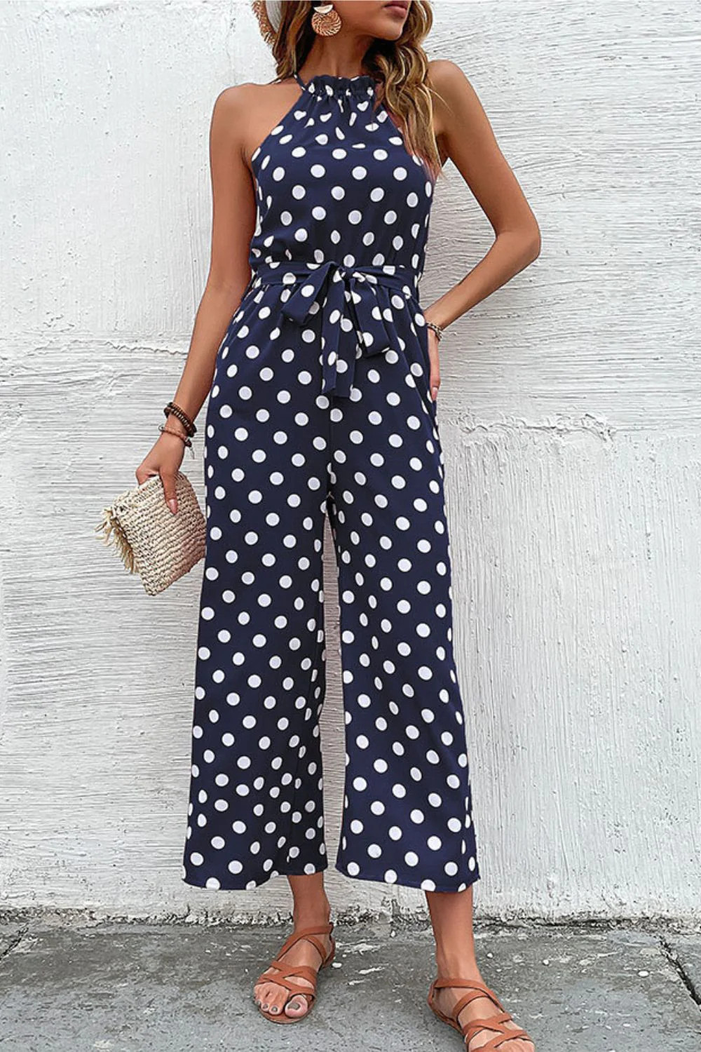 Polka Dot Grecian Wide Leg Jumpsuit Navy / M | Casual Chic Boutique
