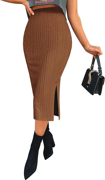 Zeagoo Womens Knit Midi Skirts Casual Pencil Skirt High Waisted Long Skirt with Slit Elegant Work... | Amazon (US)