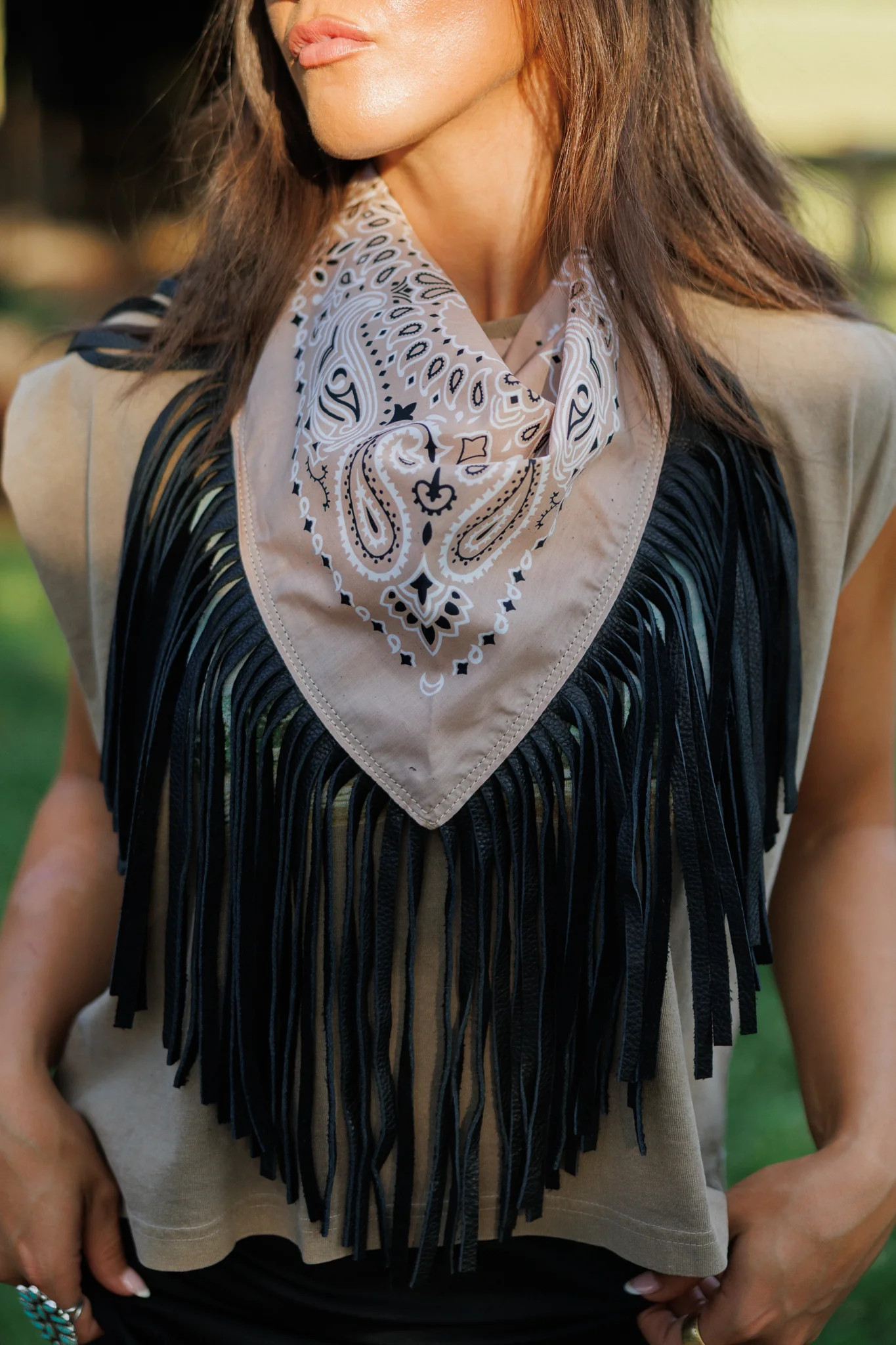 Leather Fringe Bandana in Nude/Black | Glitzy Bella