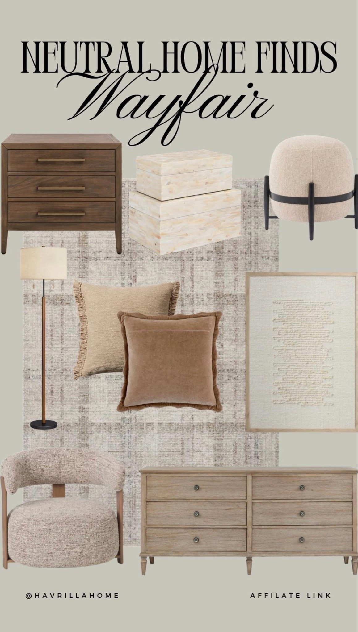 Wayfair furniture, neutral home decor, bedroom furniture, living room furniture, accent chair, dresser, floor lamp, decorative pillows, abstract wall art, neutral rug, boucle ottoman, decorative boxes, cozy home, modern organic style, warm neutral decor, affordable furniture, home styling inspiration, bedroom inspiration, living room ideas, Wayfair finds

#LTKHome

Comment SHOP below to receive a DM with the link to this post on my LTK ⬇ https://liketk.it/6k9ea

#LTKSaleAlert #LTKHome #LTKSeasonal