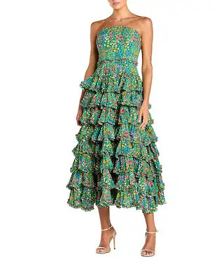 Floral Strapless Tiered Ruffle Midi Dress | Dillard's