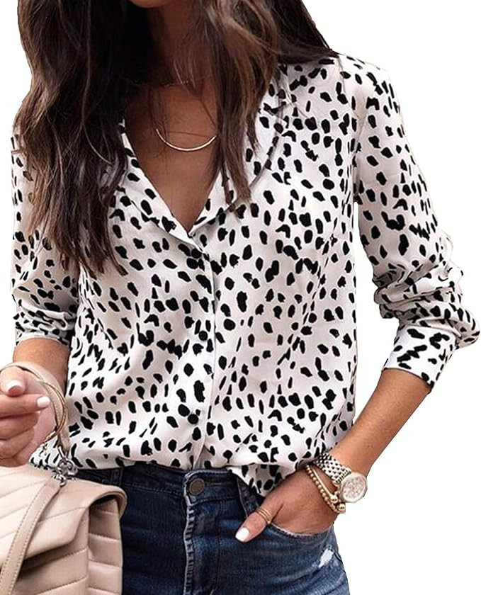 Avanova Women's Casual Leopard Print Tops Blouse V Neck Long Sleeve Button Down Shirt | Amazon (US)