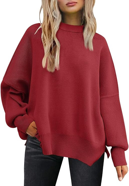LILLUSORY Women's Oversized Batwing Sweaters 2025 Fall Outfits Trendy Crewneck Knit Side Slit Fas... | Amazon (US)