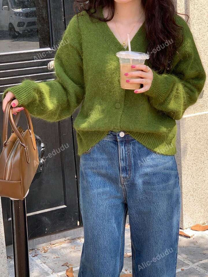 Solid Drop Shoulder Button Through Cardigan | SHEIN