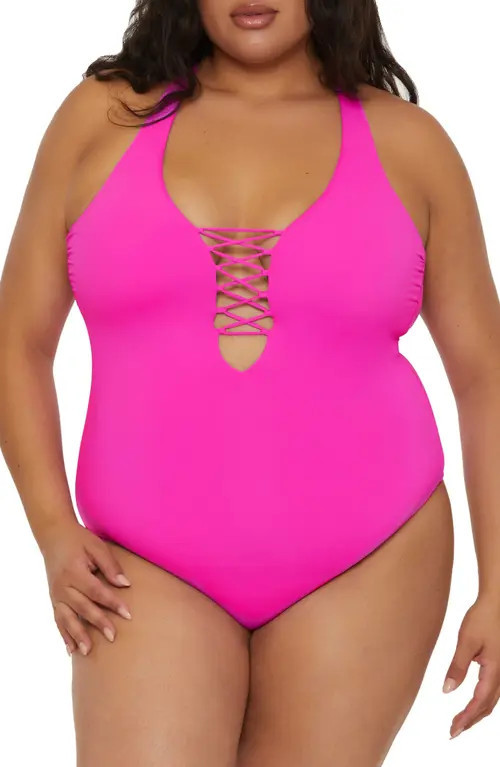 Becca Lace-Up One-Piece Swimsuit in Vivid Pink at Nordstrom, Size 1X | Nordstrom