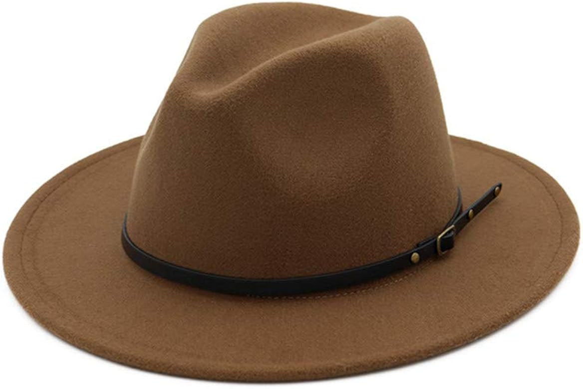Women's Classic Wide Brim Fedora Hat with Belt Buckle Felt Panama Hat | Amazon (US)