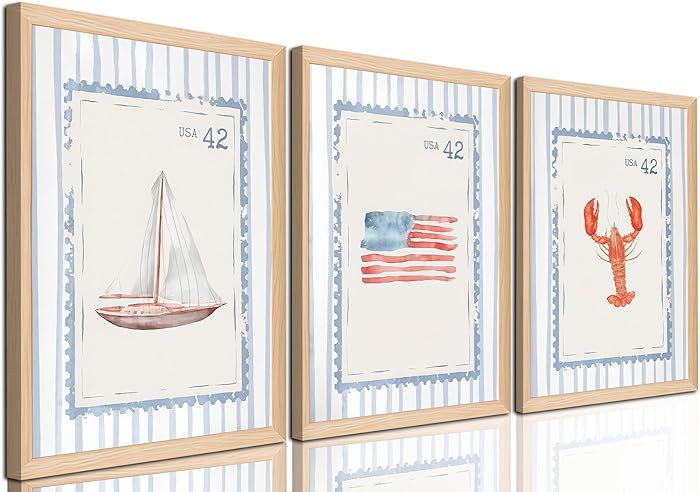 Cute Blue Coastal Stripe Wall Art Set of 3, Beach Grandmother Shrimp Wall Decor, Summer Beachy Sa... | Amazon (US)